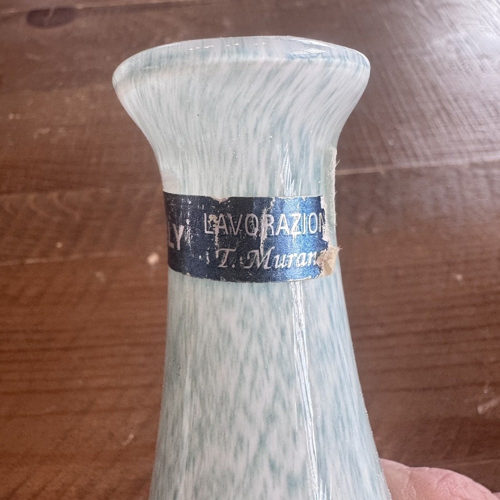 MURANO LAVORAZIONE ART GLASS BUD VASE SKY BLUE GREEN WHITE SWIRL PATTERN - Picture 3 of 12
